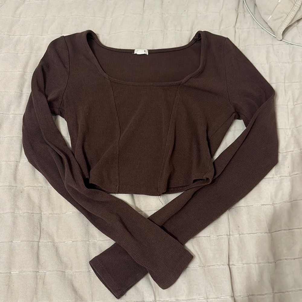 Brown Cropped Long Sleeve T-Shirt Garage